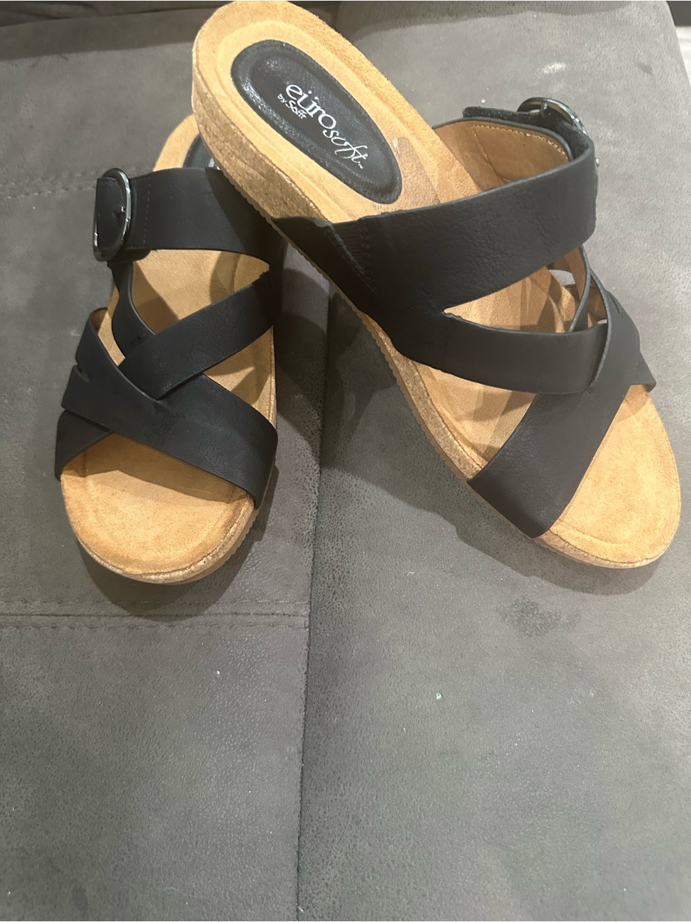 EuroSoft Black Leather Strappy Wedge Sandals